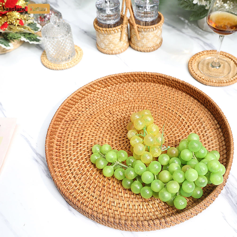 Rattan Export Round Handless Straw Rattan Serving Tray with Natural Wicker Weave - REX-STRO011006