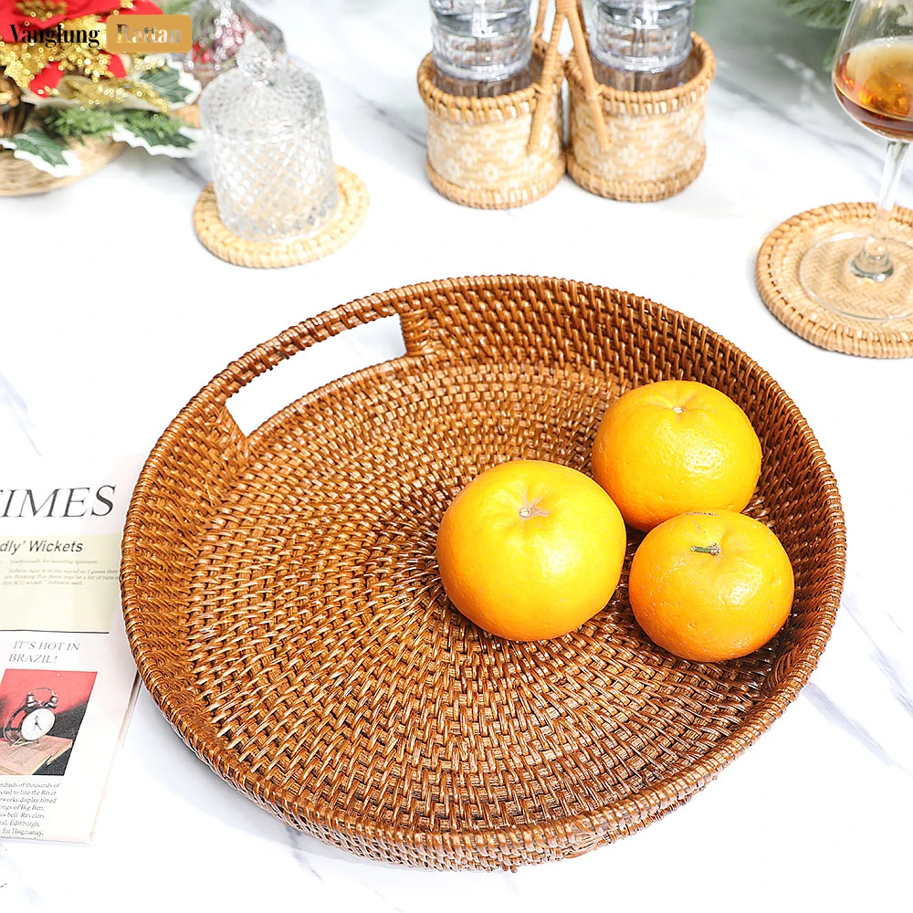 Rattan Export Large Round Woven Straw Rattan Handles Serving Tray with Fine Wicker Weave - REX-STRO01004