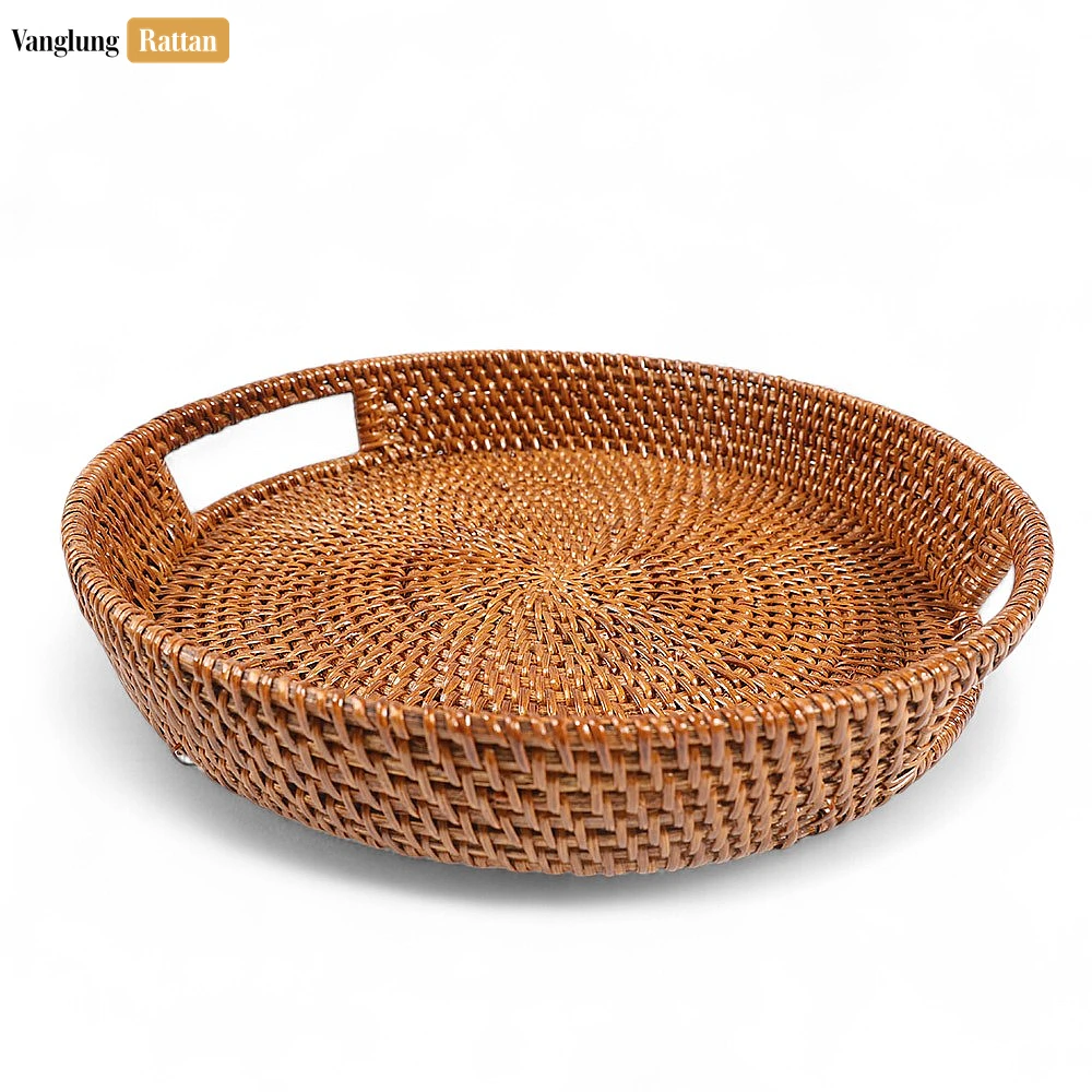 Rattan Export Large Round Woven Straw Rattan Handles Serving Tray with Fine Wicker Weave - REX-STRO01004