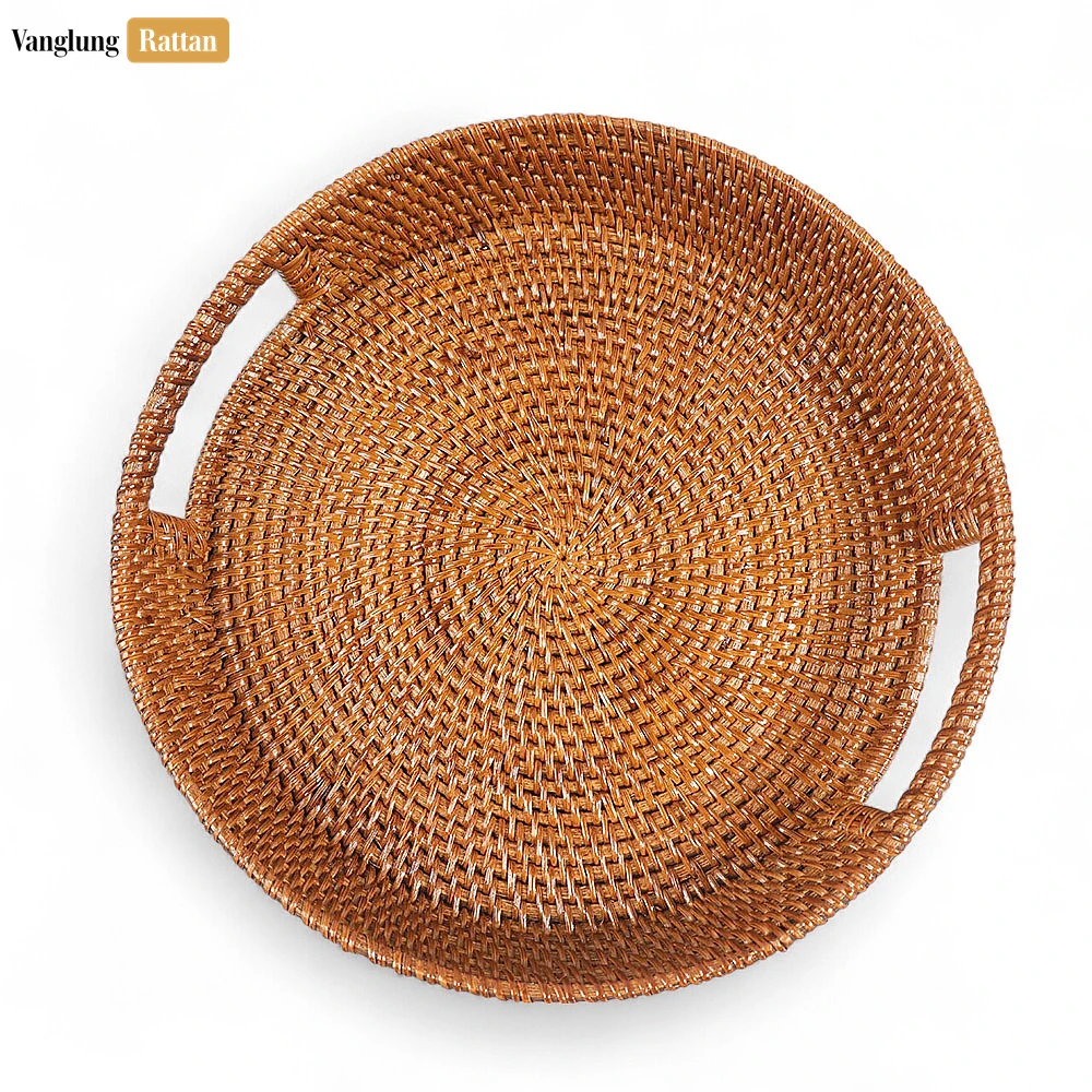 Rattan Export Large Round Woven Straw Rattan Handles Serving Tray with Fine Wicker Weave - REX-STRO01004