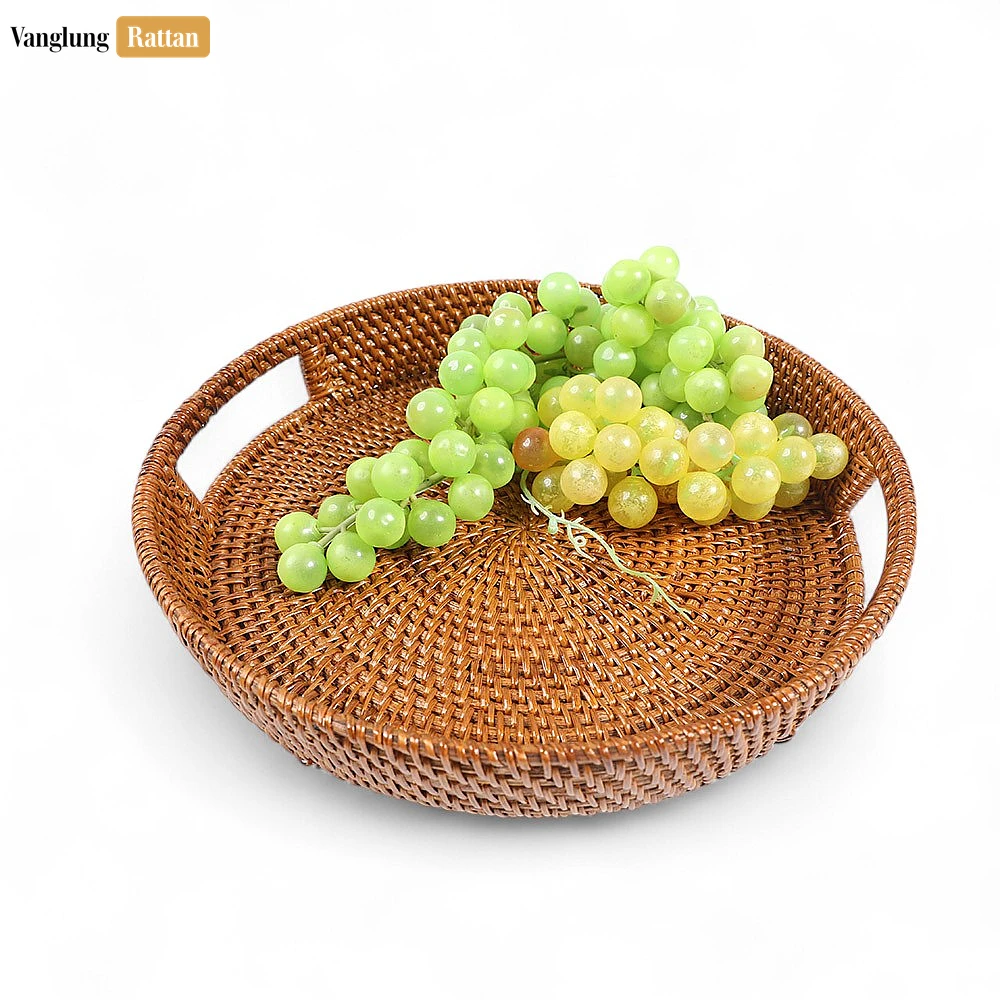 Rattan Export Large Round Woven Straw Rattan Handles Serving Tray with Fine Wicker Weave - REX-STRO01004