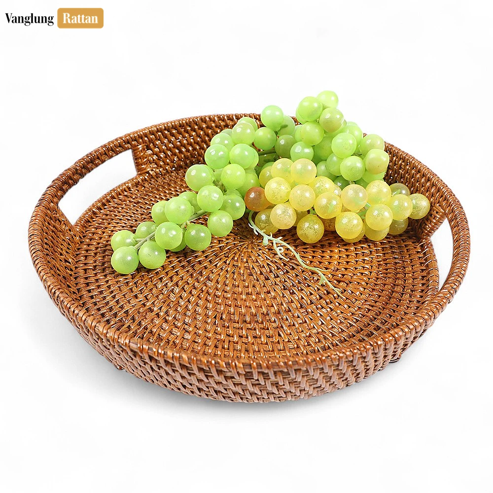 Rattan Export Large Round Woven Straw Rattan Handles Serving Tray with Fine Wicker Weave - REX-STRO01004