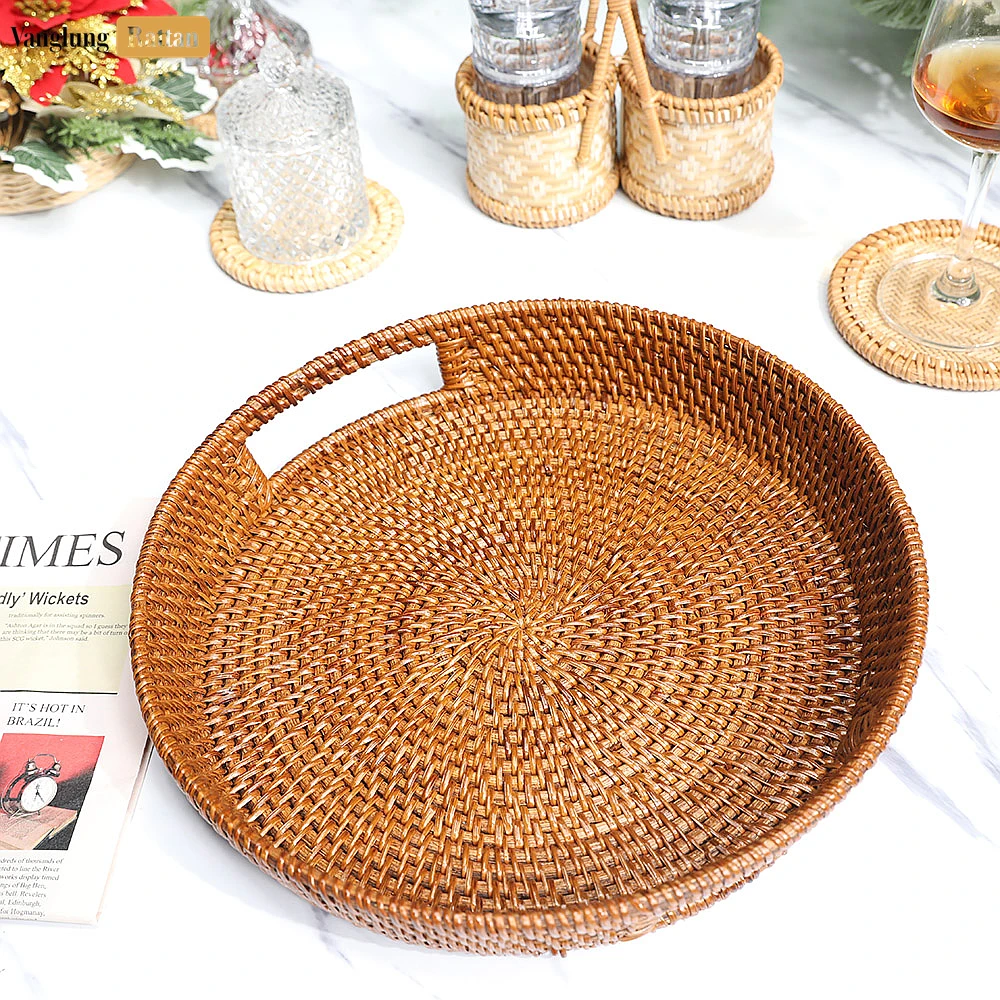 Rattan Export Large Round Woven Straw Rattan Handles Serving Tray with Fine Wicker Weave - REX-STRO01004
