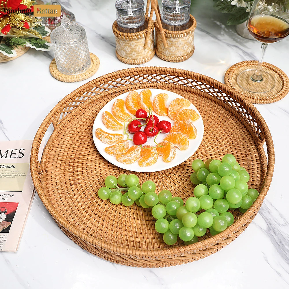 Rattan Export Green Round Handwoven Straw Rattan Handles Serving Tray with Diamond Weave Border - REX-STRO011002