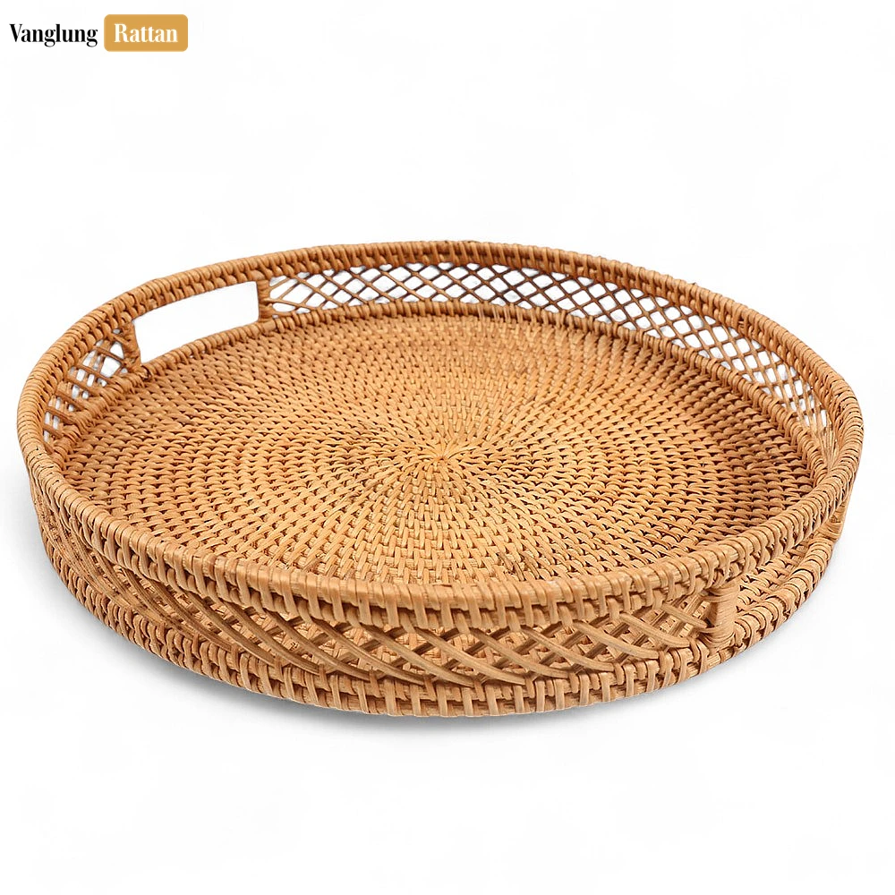Rattan Export Green Round Handwoven Straw Rattan Handles Serving Tray with Diamond Weave Border - REX-STRO011002