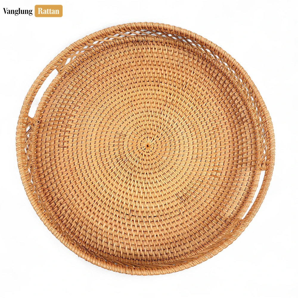 Rattan Export Green Round Handwoven Straw Rattan Handles Serving Tray with Diamond Weave Border - REX-STRO011002