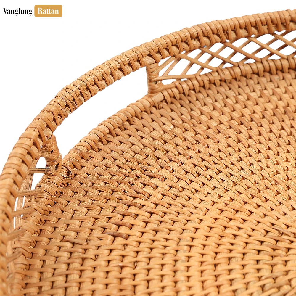 Rattan Export Green Round Handwoven Straw Rattan Handles Serving Tray with Diamond Weave Border - REX-STRO011002