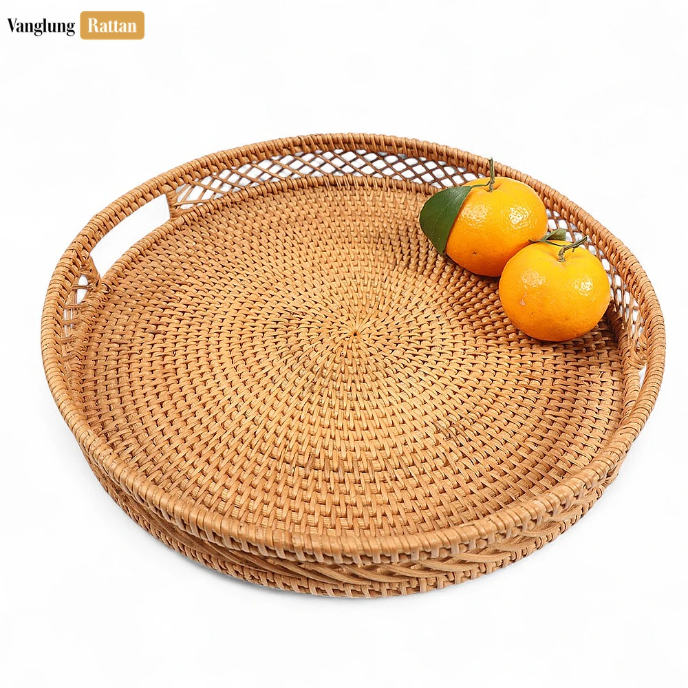 Rattan Export Green Round Handwoven Straw Rattan Handles Serving Tray with Diamond Weave Border - REX-STRO011002