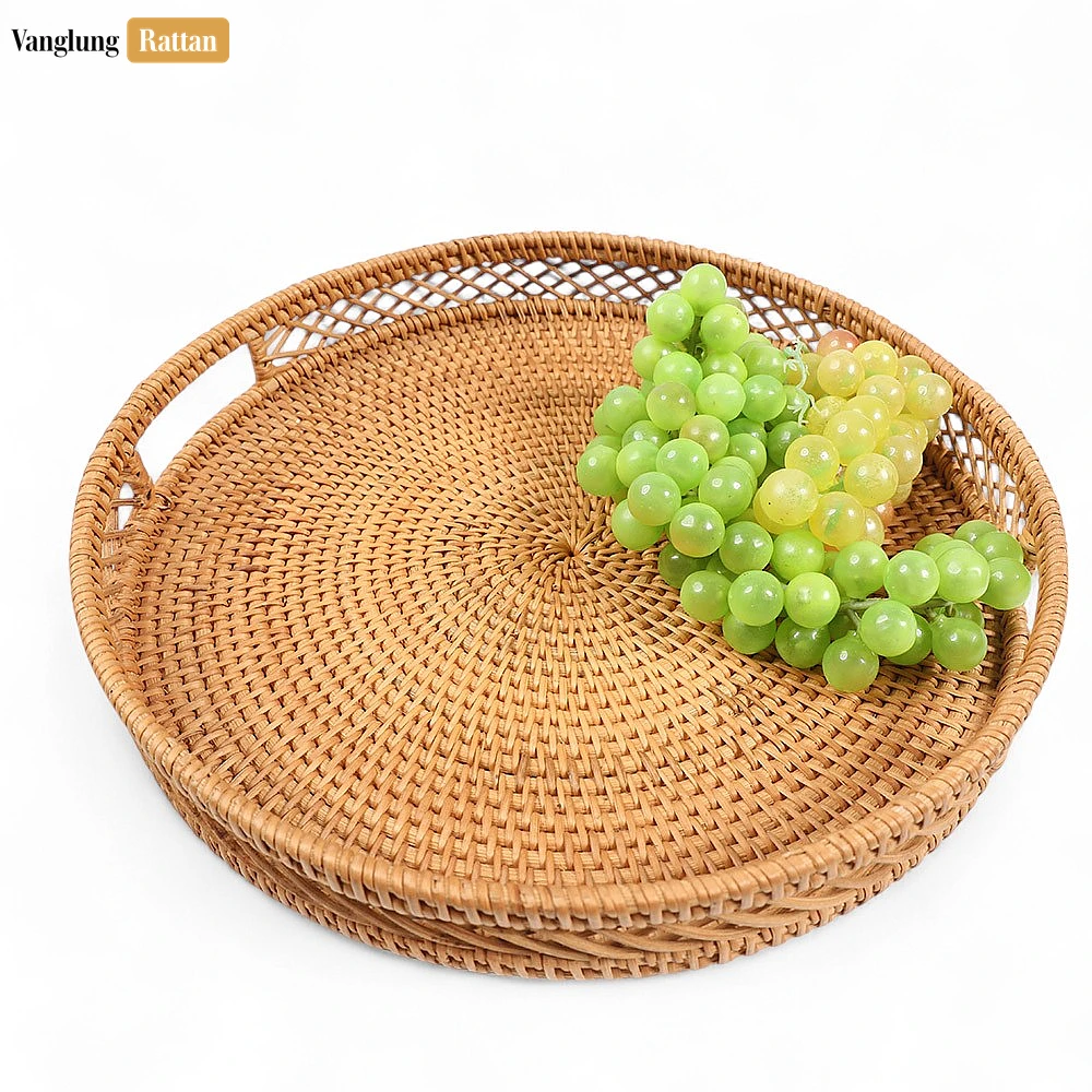 Rattan Export Green Round Handwoven Straw Rattan Handles Serving Tray with Diamond Weave Border - REX-STRO011002