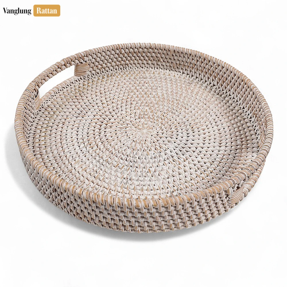 Rattan Export White Wash Circular Straw Rattan Serving Tray with Integrated Handles - REX-STRO011001WW