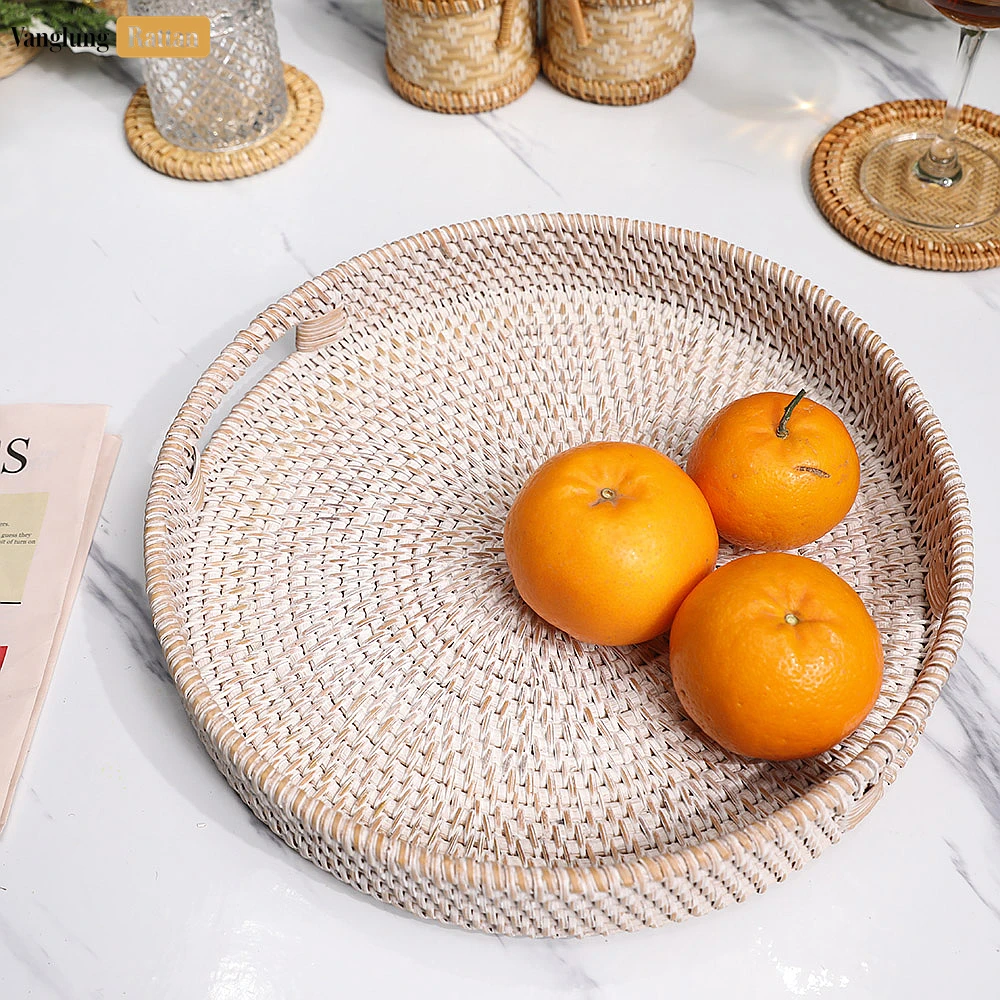 Rattan Export White Wash Circular Straw Rattan Serving Tray with Integrated Handles - REX-STRO011001WW