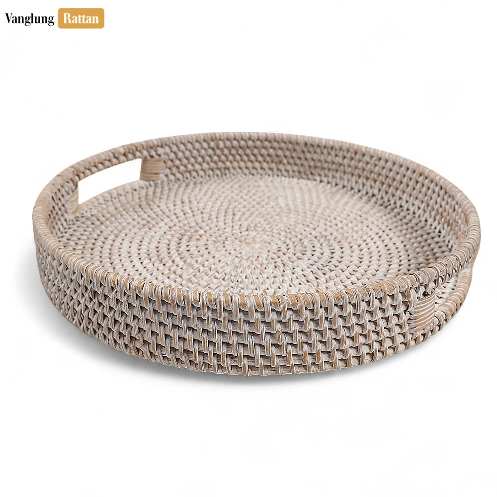 Rattan Export White Wash Circular Straw Rattan Serving Tray with Integrated Handles - REX-STRO011001WW