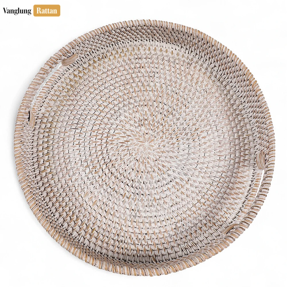 Rattan Export White Wash Circular Straw Rattan Serving Tray with Integrated Handles - REX-STRO011001WW