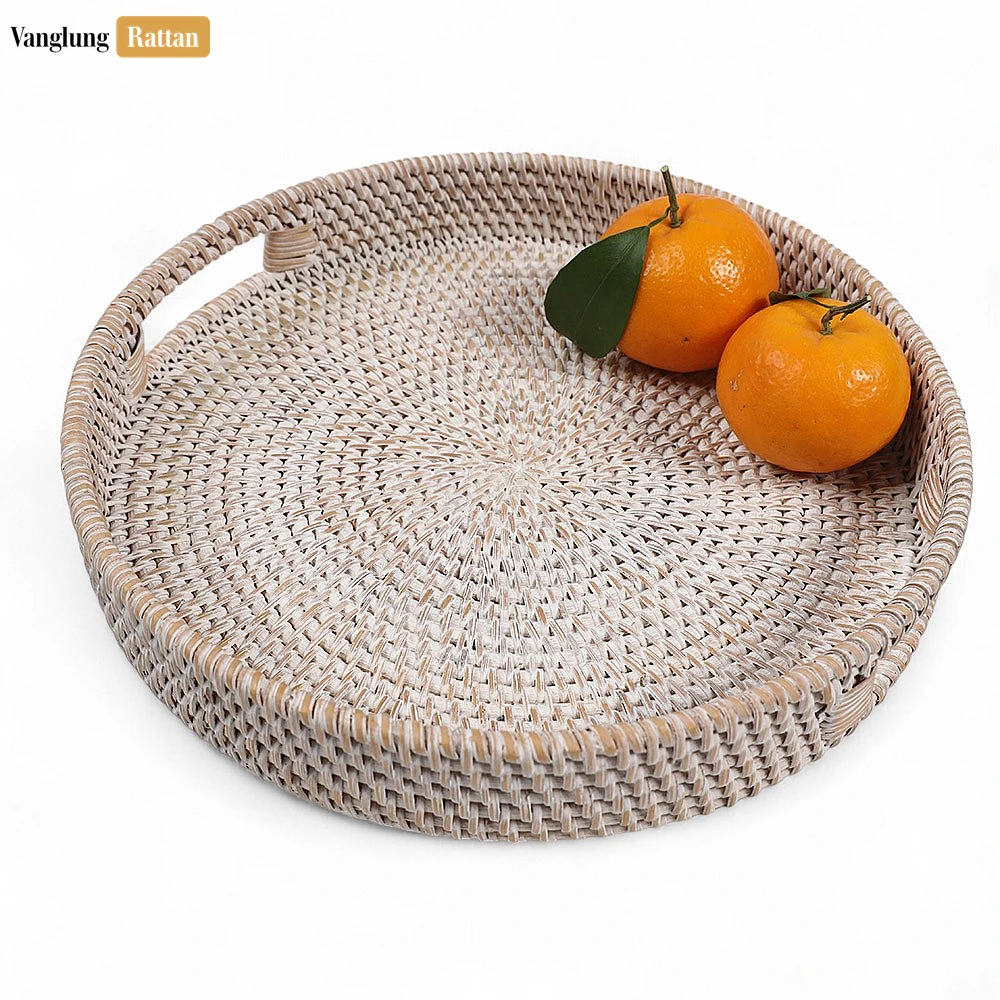 Rattan Export White Wash Circular Straw Rattan Serving Tray with Integrated Handles - REX-STRO011001WW
