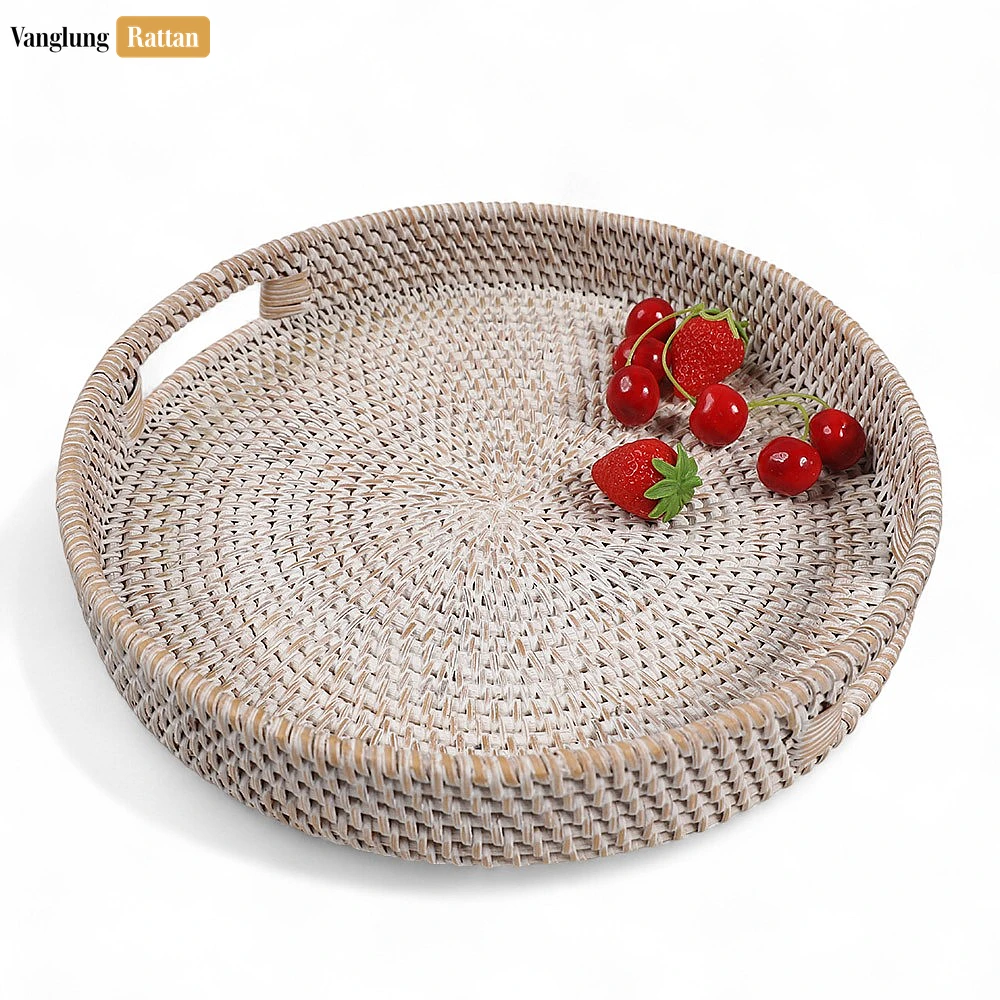 Rattan Export White Wash Circular Straw Rattan Serving Tray with Integrated Handles - REX-STRO011001WW