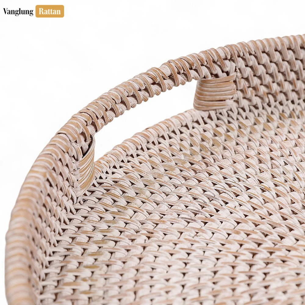 Rattan Export White Wash Circular Straw Rattan Serving Tray with Integrated Handles - REX-STRO011001WW