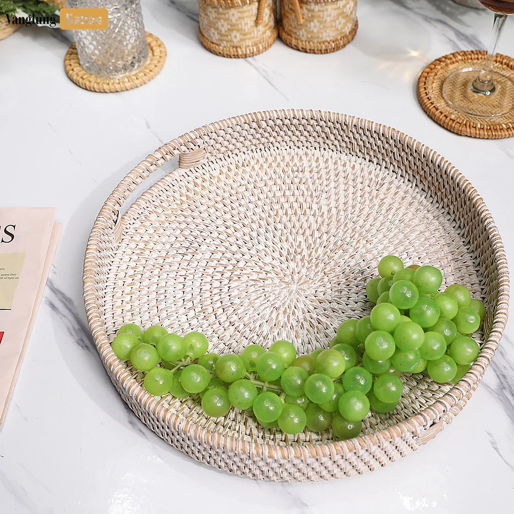 Rattan Export White Wash Circular Straw Rattan Serving Tray with Integrated Handles - REX-STRO011001WW