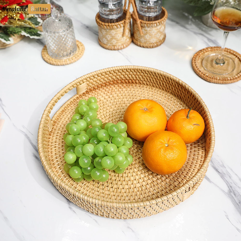 Rattan Export Green Circular Straw Rattan Serving Tray with Integrated Handles - REX-STRO011001GR