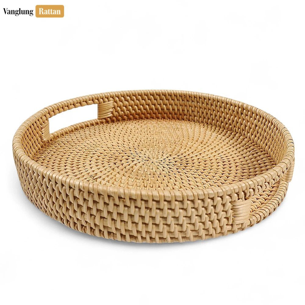 Rattan Export Green Circular Straw Rattan Serving Tray with Integrated Handles - REX-STRO011001GR