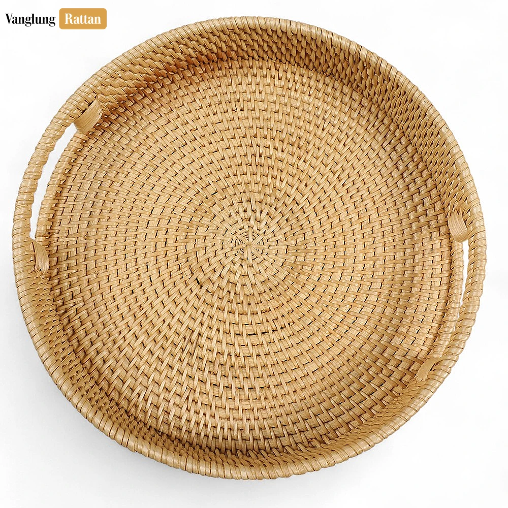 Rattan Export Green Circular Straw Rattan Serving Tray with Integrated Handles - REX-STRO011001GR