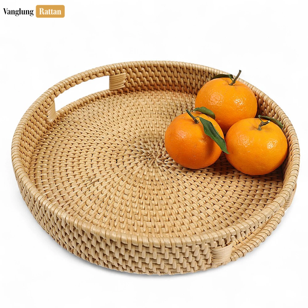 Rattan Export Green Circular Straw Rattan Serving Tray with Integrated Handles - REX-STRO011001GR