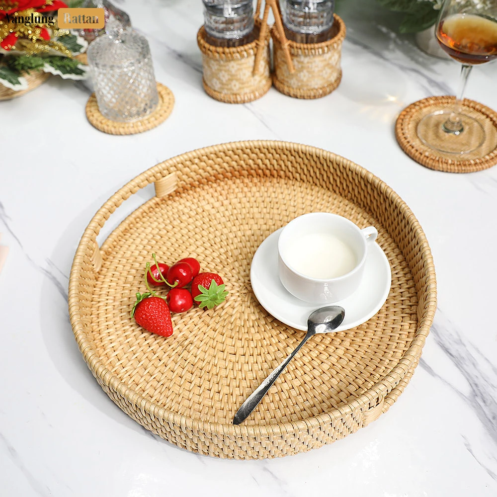 Rattan Export Green Circular Straw Rattan Serving Tray with Integrated Handles - REX-STRO011001GR