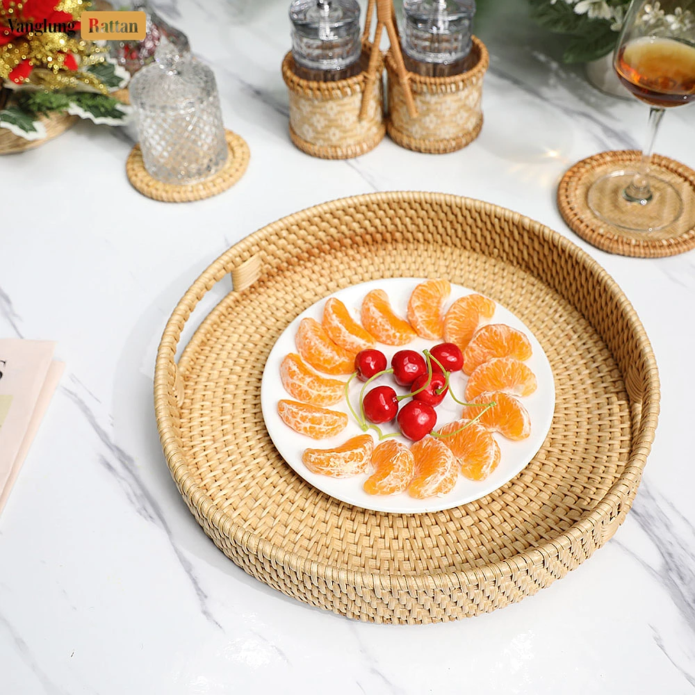 Rattan Export Green Circular Straw Rattan Serving Tray with Integrated Handles - REX-STRO011001GR