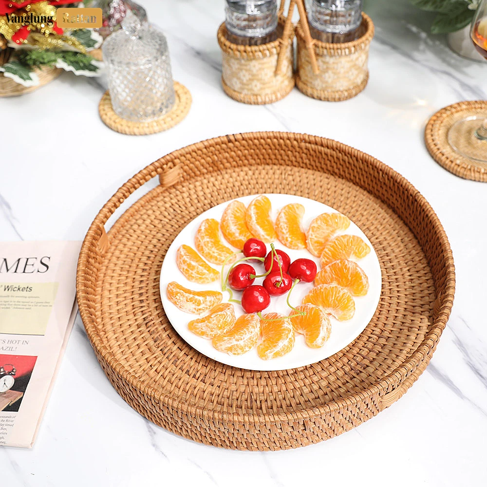 Rattan Export Brown Circular Straw Rattan Serving Tray with Integrated Handles - REX-STRO011001BR