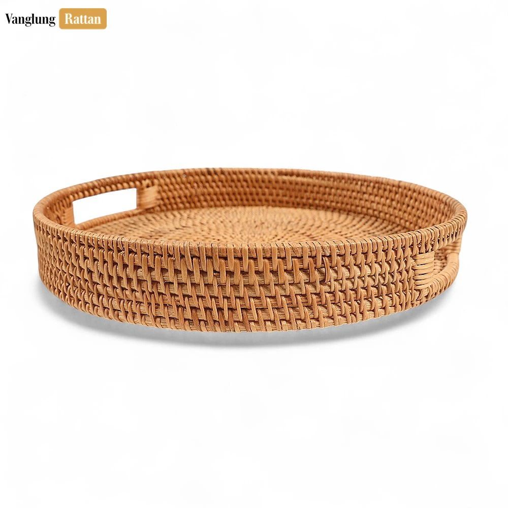 Rattan Export Brown Circular Straw Rattan Serving Tray with Integrated Handles - REX-STRO011001BR