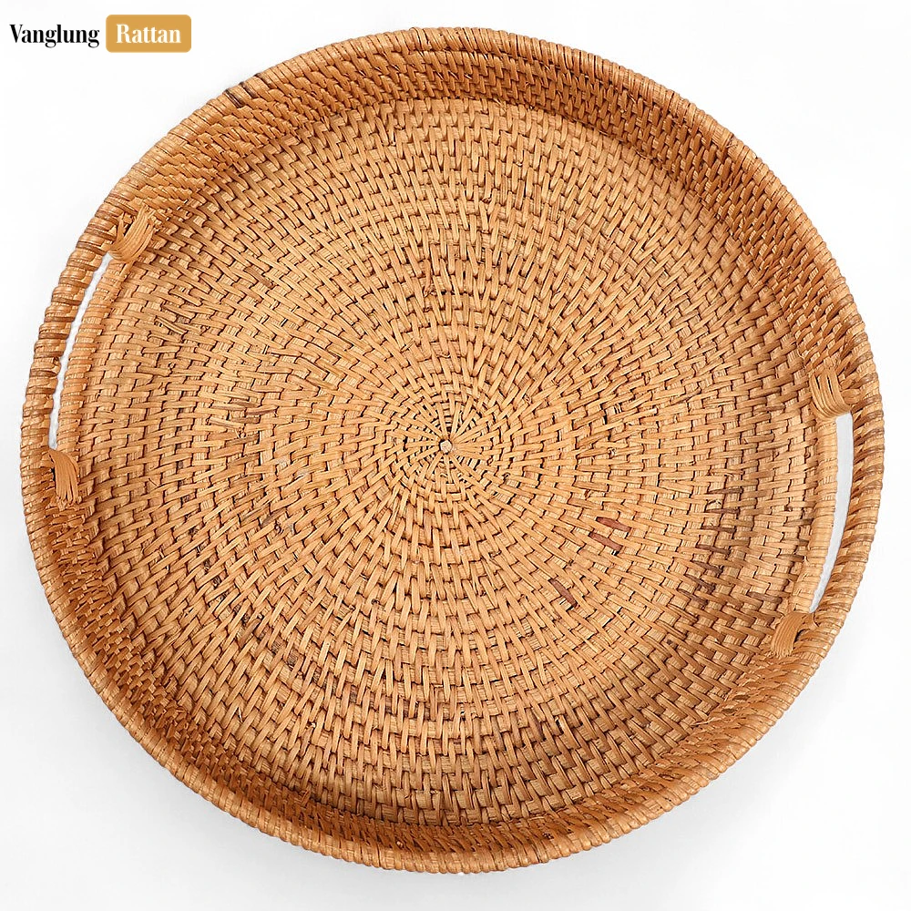Rattan Export Brown Circular Straw Rattan Serving Tray with Integrated Handles - REX-STRO011001BR