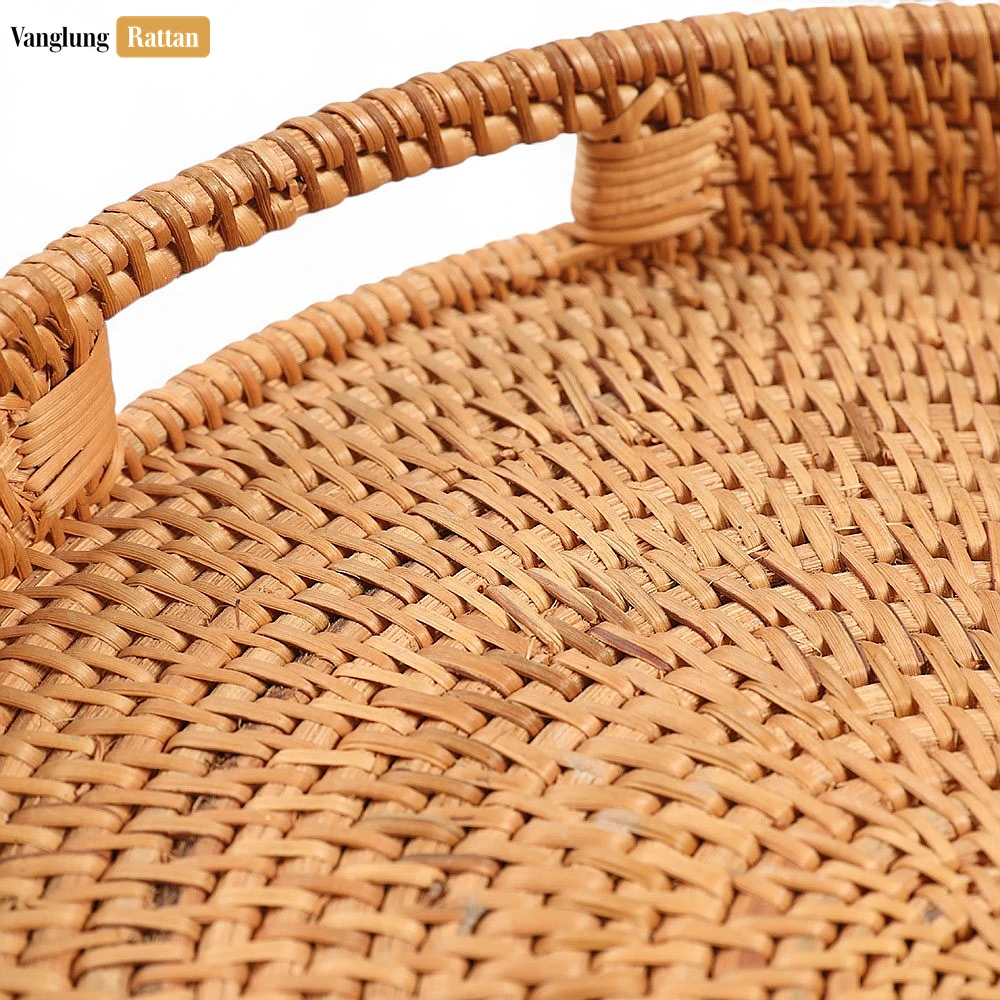 Rattan Export Brown Circular Straw Rattan Serving Tray with Integrated Handles - REX-STRO011001BR