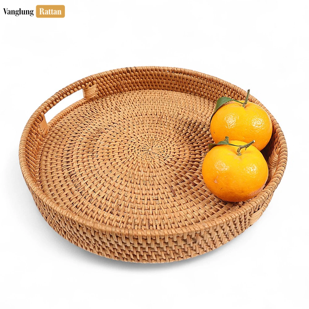 Rattan Export Brown Circular Straw Rattan Serving Tray with Integrated Handles - REX-STRO011001BR