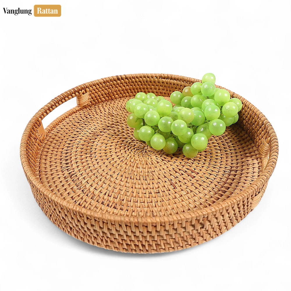Rattan Export Brown Circular Straw Rattan Serving Tray with Integrated Handles - REX-STRO011001BR