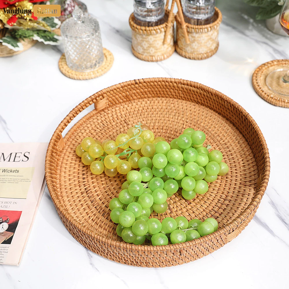 Rattan Export Brown Circular Straw Rattan Serving Tray with Integrated Handles - REX-STRO011001BR