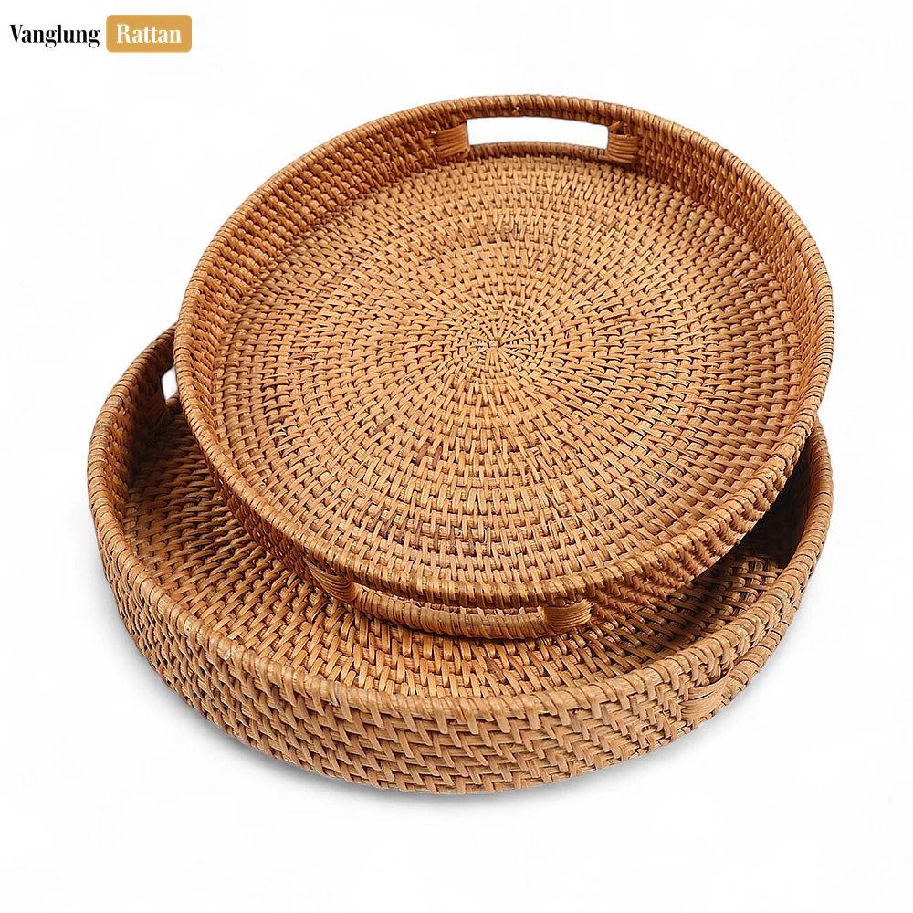 Rattan Export Brown Circular Straw Rattan Serving Tray with Integrated Handles - REX-STRO011001BR