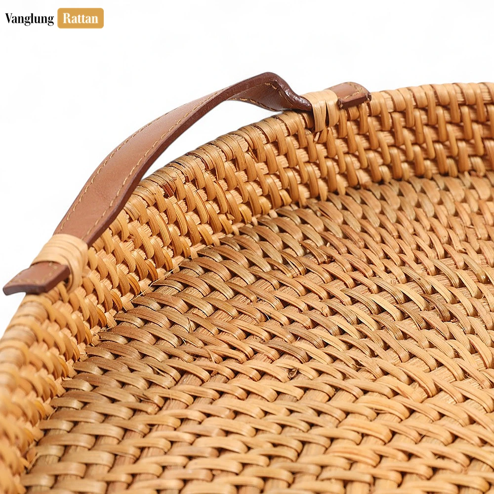Rattan Export Round Handwoven Straw Rattan Serving Tray with Tan Leather Strap Handles - REX-STRO011000