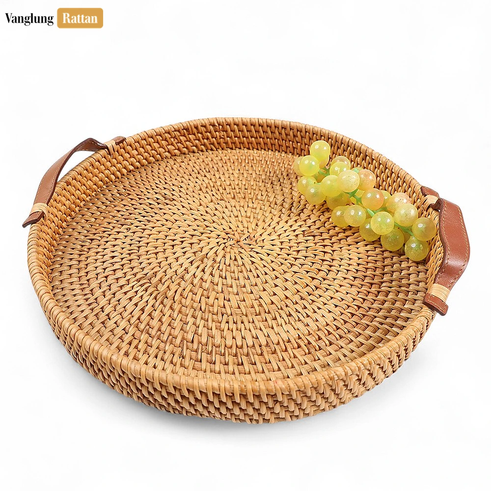 Rattan Export Round Handwoven Straw Rattan Serving Tray with Tan Leather Strap Handles - REX-STRO011000