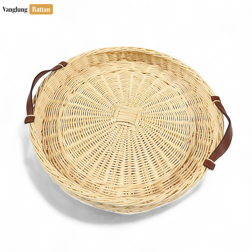 Rattan Export Round Handmade Core Rattan Serving Tray with Brown Leather Strap Handles - REX-ST03HQ1001