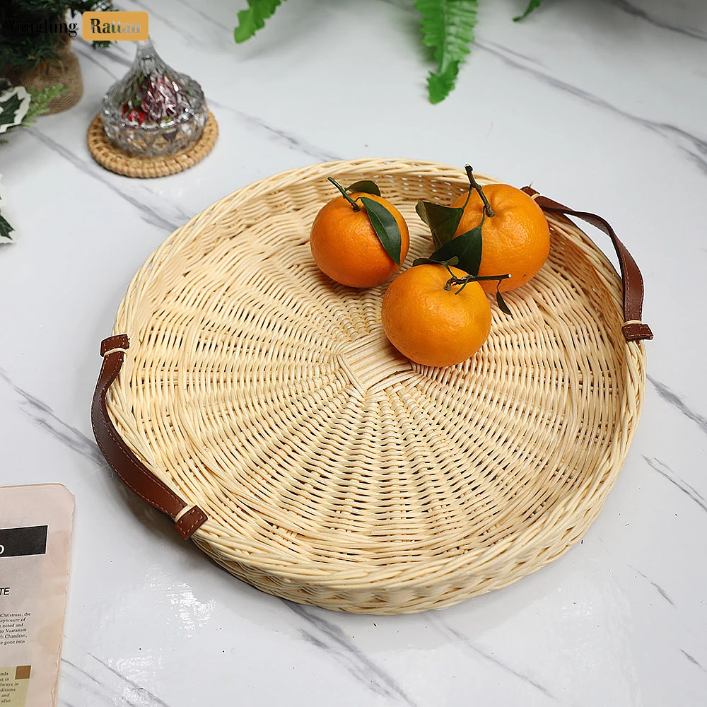Rattan Export Round Handmade Core Rattan Serving Tray with Brown Leather Strap Handles - REX-ST03HQ1001