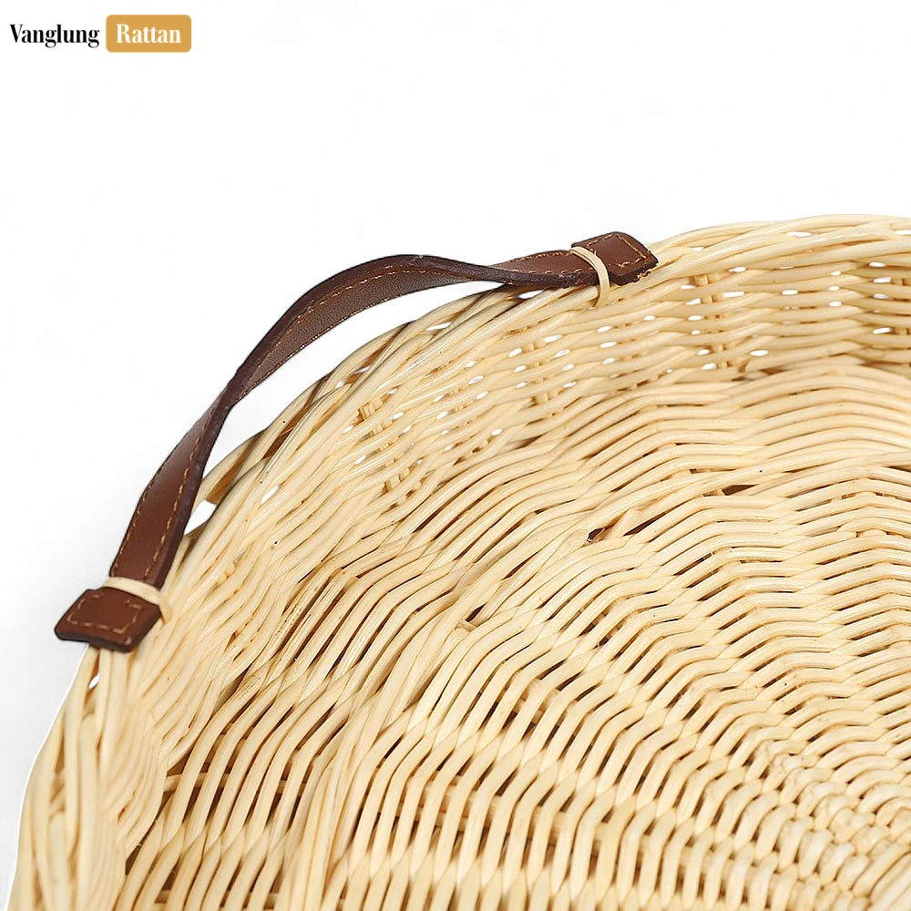 Rattan Export Round Handmade Core Rattan Serving Tray with Brown Leather Strap Handles - REX-ST03HQ1001