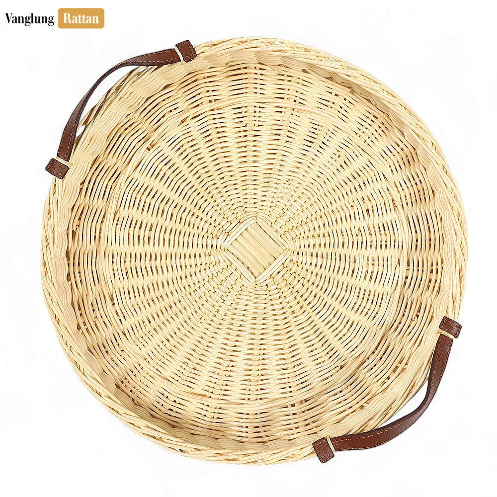 Rattan Export Round Handmade Core Rattan Serving Tray with Brown Leather Strap Handles - REX-ST03HQ1001