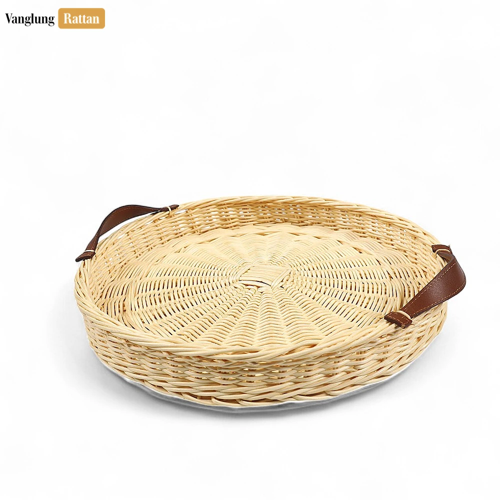 Rattan Export Round Handmade Core Rattan Serving Tray with Brown Leather Strap Handles - REX-ST03HQ1001