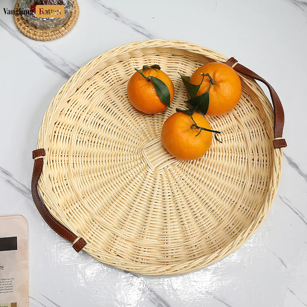 Rattan Export Round Handmade Core Rattan Serving Tray with Brown Leather Strap Handles - REX-ST03HQ1001