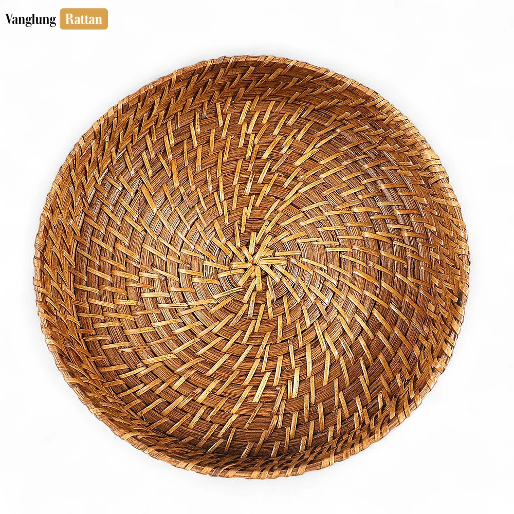 Rattan Export Handmade Brown Deep Round, Bamboo Rattan Serving Tray with Spiral Weave - REX-STRO051004SE