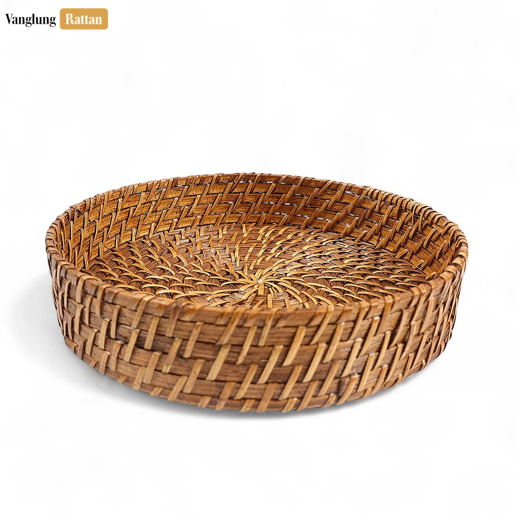 Rattan Export Handmade Brown Deep Round, Bamboo Rattan Serving Tray with Spiral Weave - REX-STRO051004SE