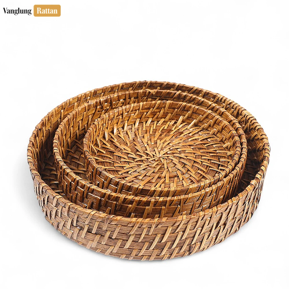Rattan Export Handmade Brown Deep Round, Bamboo Rattan Serving Tray with Spiral Weave - REX-STRO051004SE