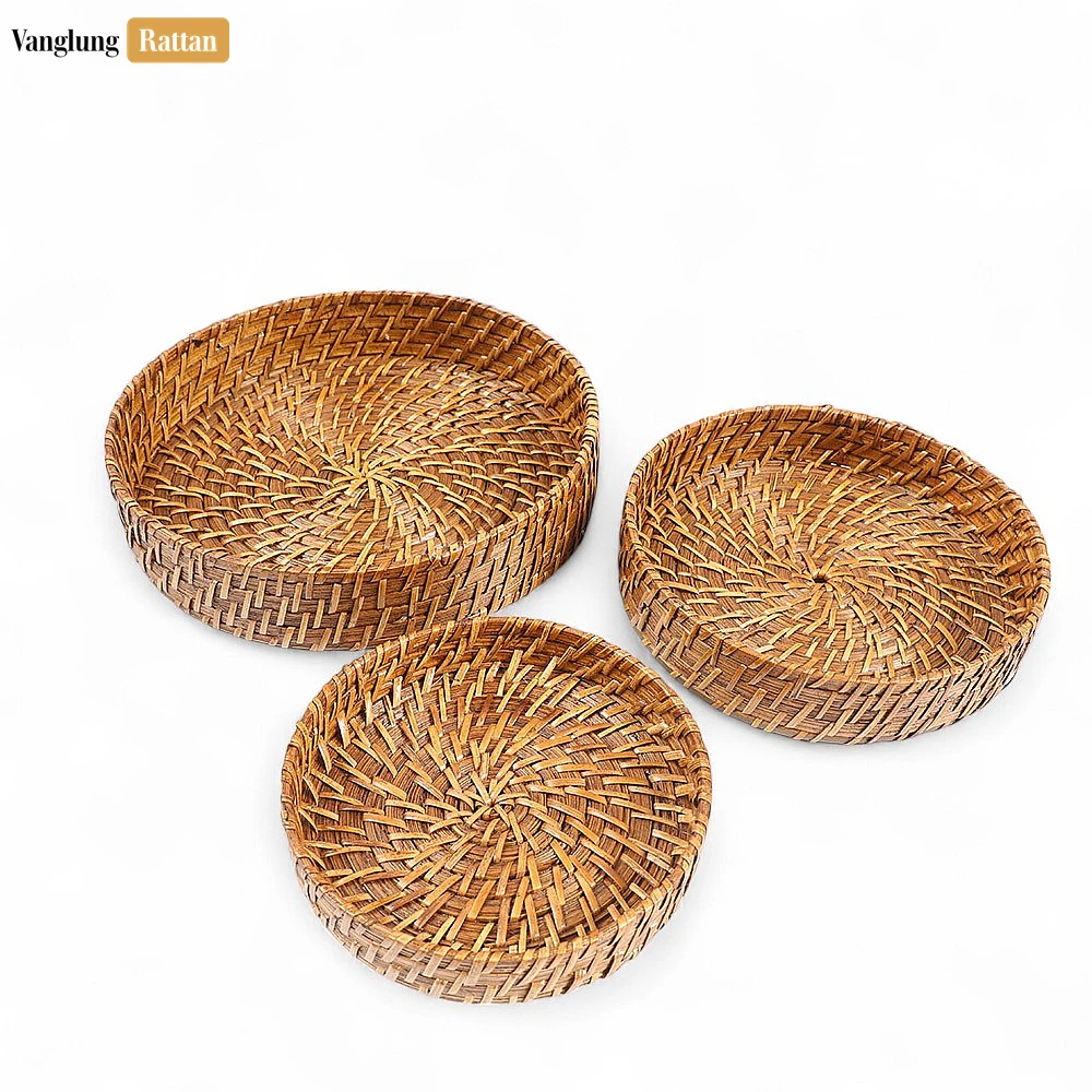 Rattan Export Handmade Brown Deep Round, Bamboo Rattan Serving Tray with Spiral Weave - REX-STRO051004SE