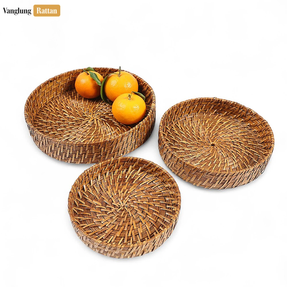 Rattan Export Handmade Brown Deep Round, Bamboo Rattan Serving Tray with Spiral Weave - REX-STRO051004SE