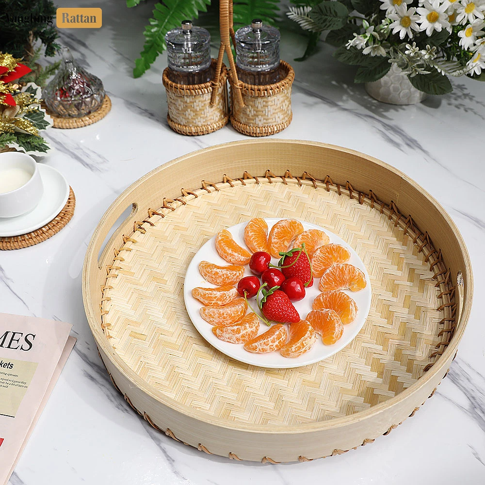 Rattan Export Handmade Natural Round Bamboo Rattan Handles Serving Tray with Twilled Twos Weave - REX-STRO011012