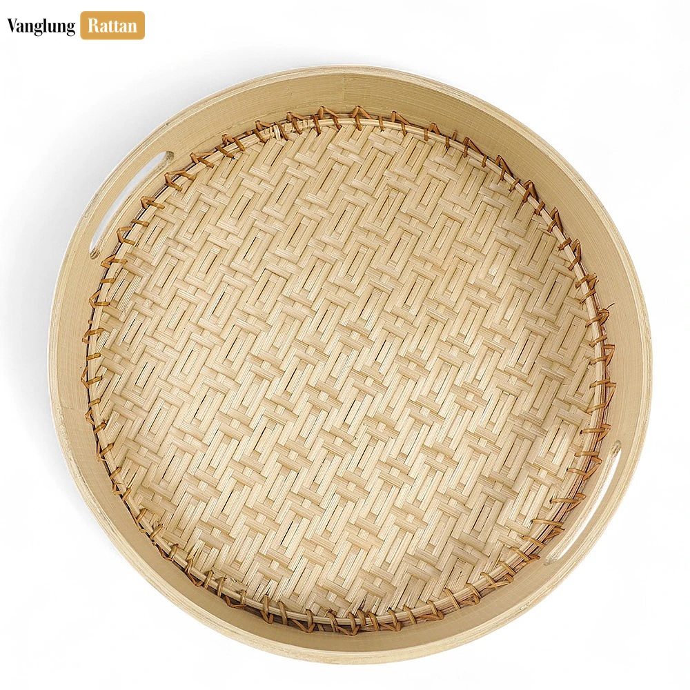 Rattan Export Handmade Natural Round Bamboo Rattan Handles Serving Tray with Twilled Twos Weave - REX-STRO011012
